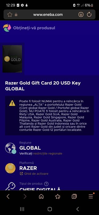 Card cadou razer gold 20usd