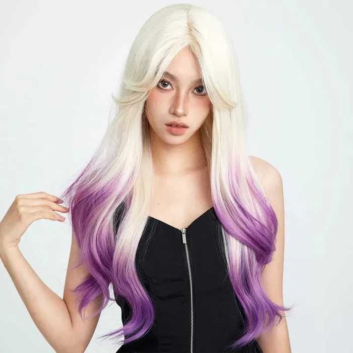 Синтетична руса перука с лилави краища