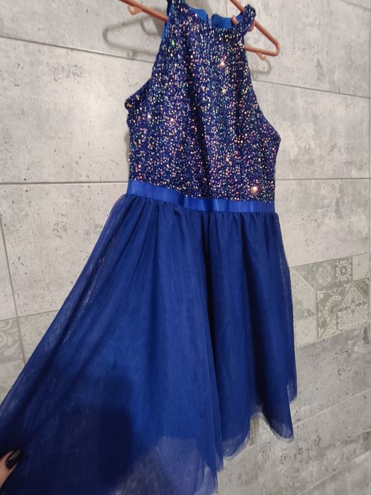 Rochie scurtă elegantă cu paiete Dressystar – halterneck, albastru reg