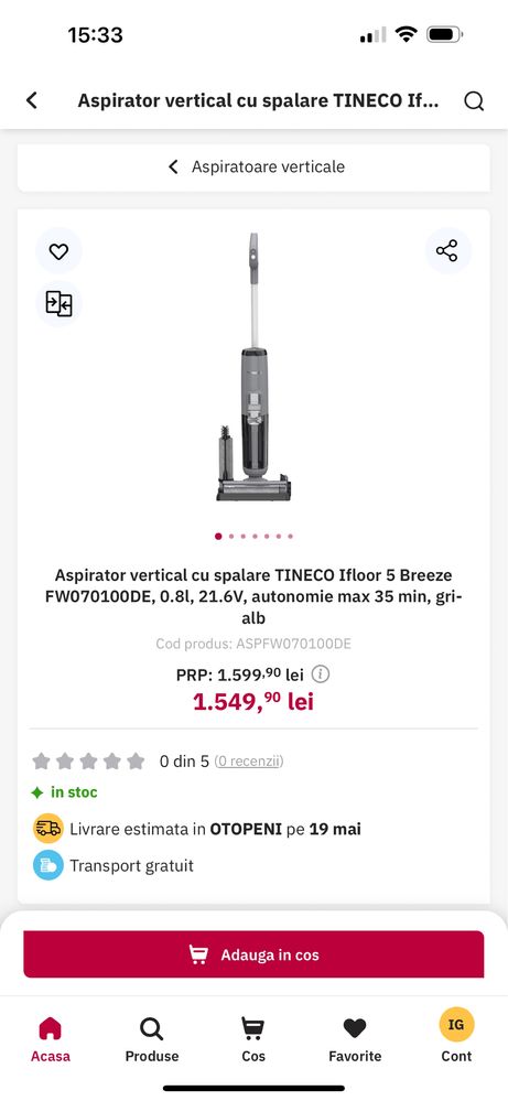 Aspirator mop fara fir Tineco iFloor 5 Breeze