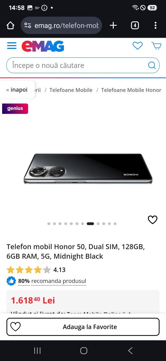 Honor 50, Dual SIM, 128GB, 6GB RAM, 5G, Midnight Black, SIGILAT