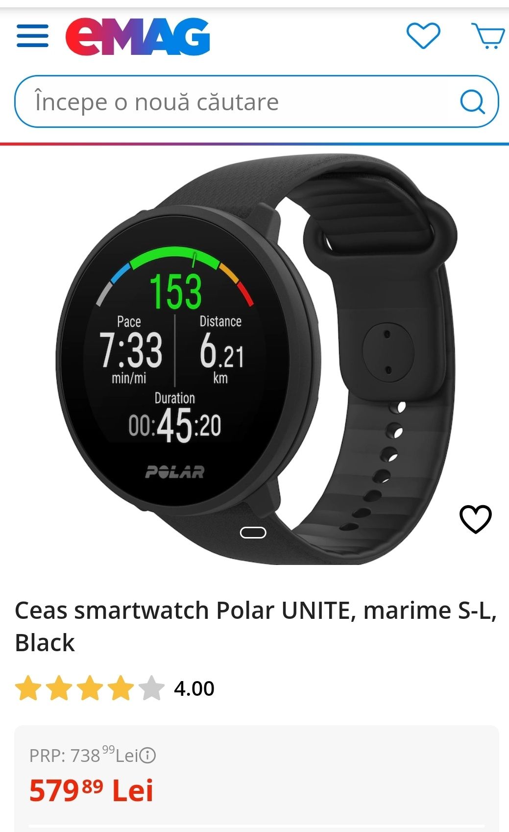 Ceas smartwatch Polar UNITE, marime S-L, Black