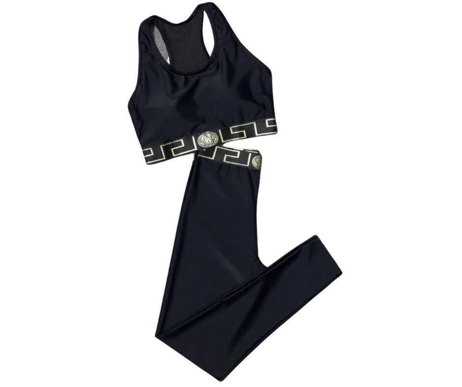 Compleu Dama Versace -Textura Lucioasa-Lycra- 2 piese, Negru-Slimfit,