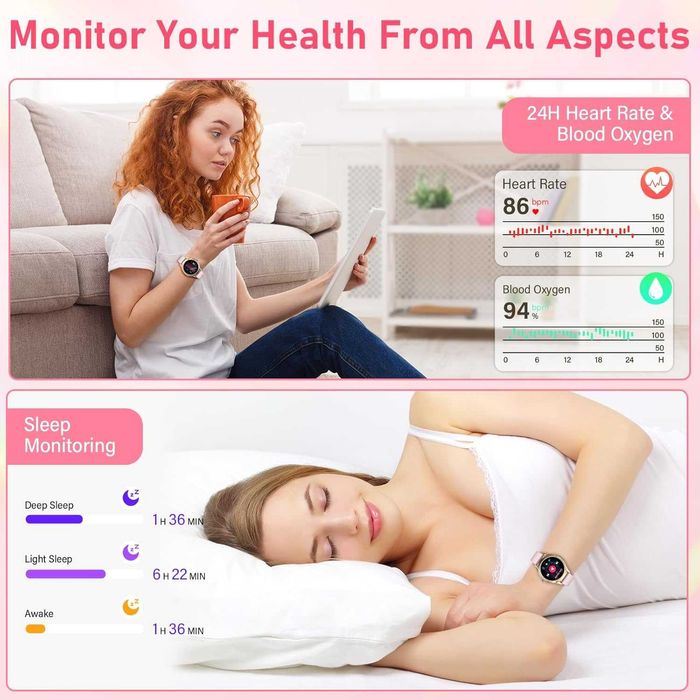 Brenth Смарт часовник за жени с функция за обаждане, IP68, iOS/Android