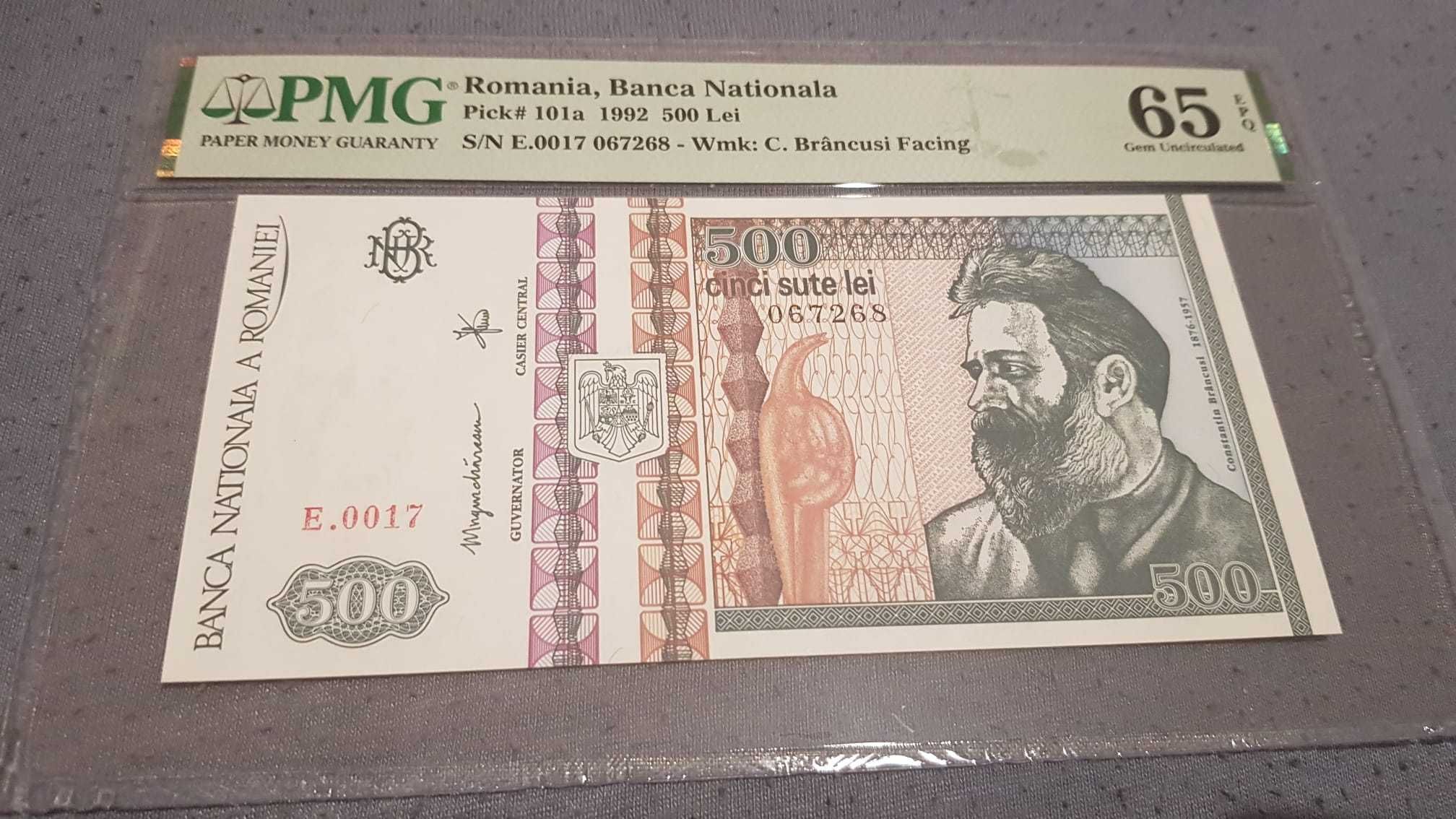 Bancnotă GRADATA - România 500 LEI 1992 - PMG 66 EPQ (Brancusi - fata)