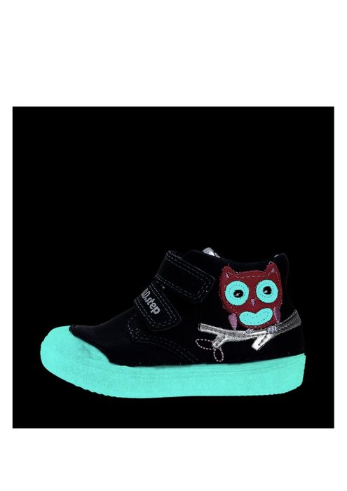 Pantofi copii, piele naturala, talpa fosforescenta, bleumarin, bufnita
