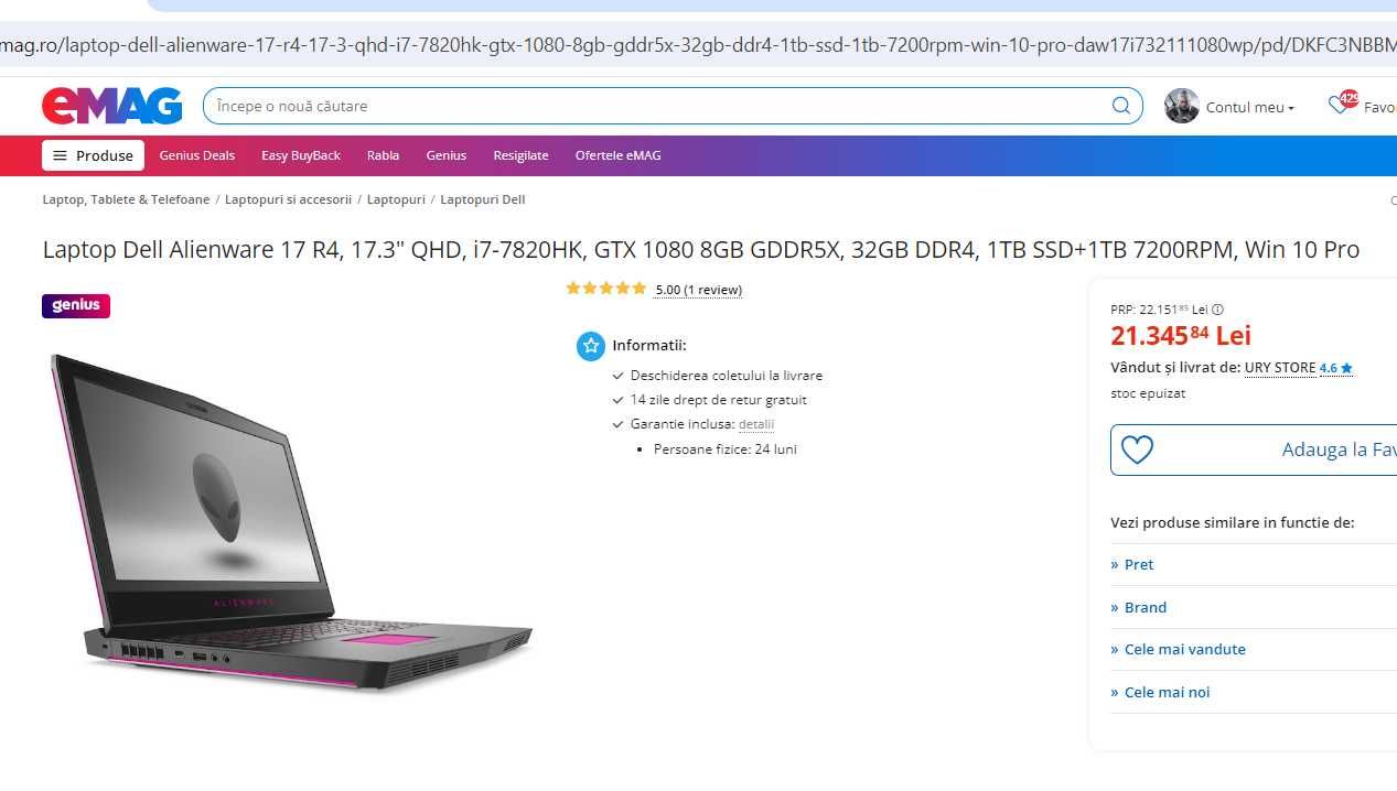 Laptop gaming Alienware 17"  ,intel core i7 ,video GTX 1080, ram 32 gb