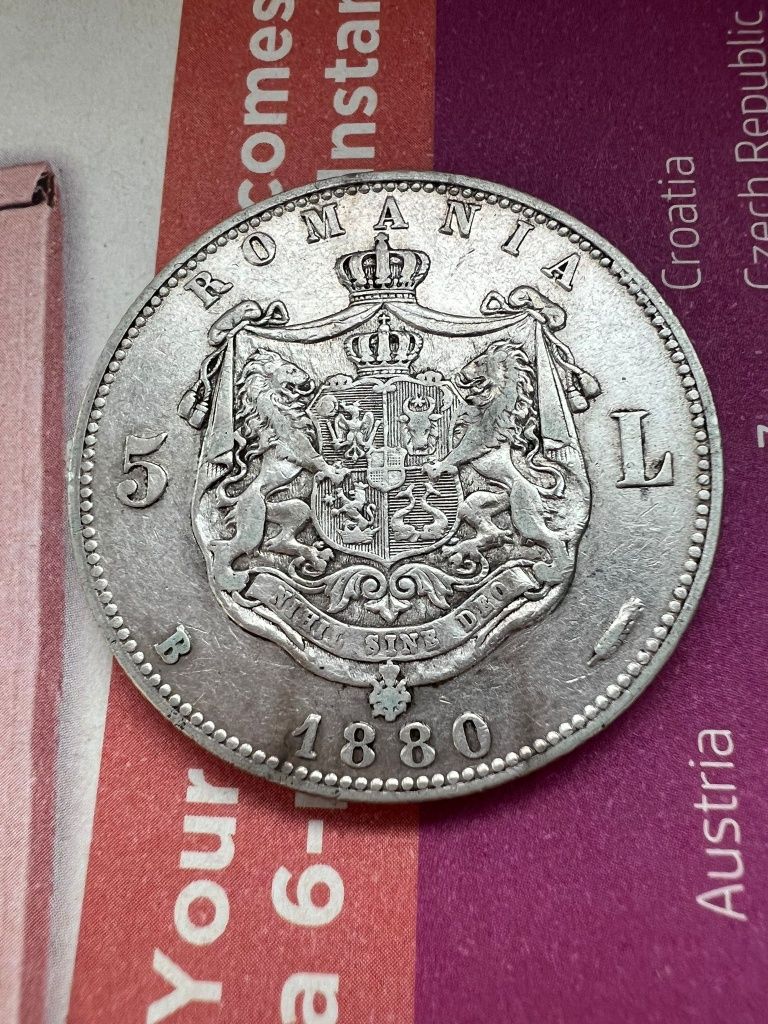 Moneda 5 lei 1880 Carol Domnul Romania argint