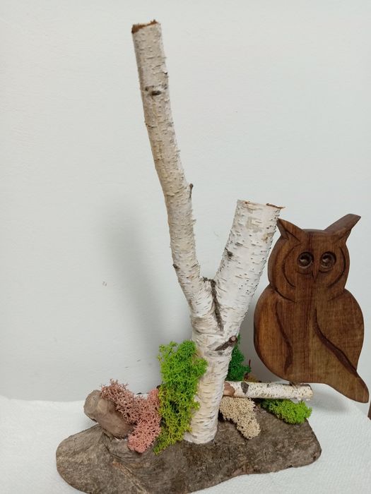 Декорация птици от бреза със скандинавски мъх -бухал, врабче,кълвач
