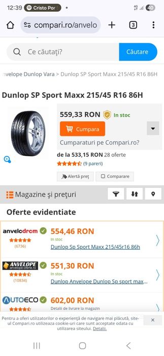 Anvelope vara 215/45/16 Dunlop SportMaxx ca noi