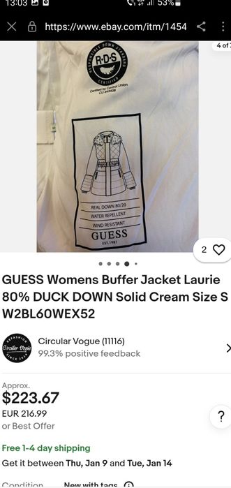 Geacă cu puf GUESS originală - cu finisaj impermeabil, rezisten