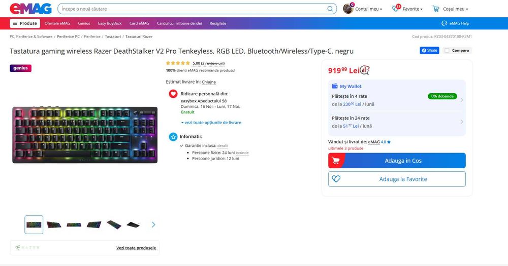 Tastatura gaming wireless Razer DeathStalker V2 Pro, RGB, negru NOU