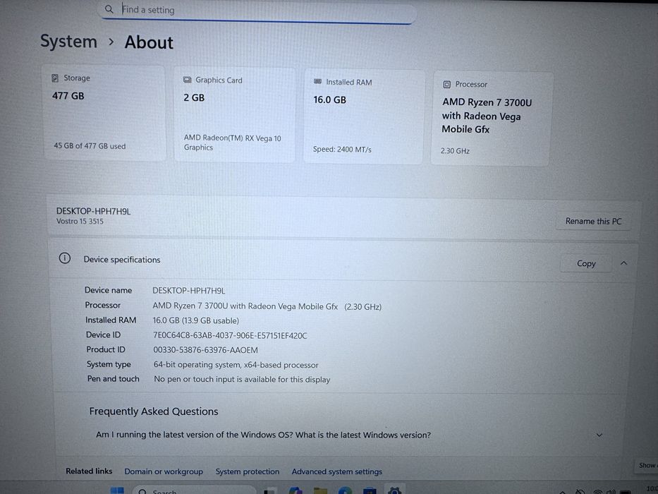 Laptop Dell Vostro 3515, Ryzen 7, 16GB RAM, 512GB SSD