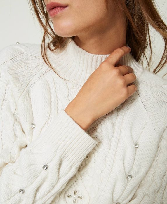 Бял пуловер с Twinset, размер XL, кристали,нов с етикеът!