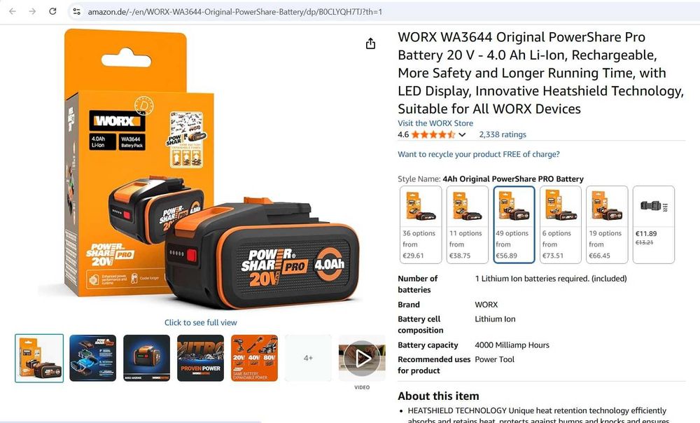 Baterie originală WORX WA3644 PowerShare Pro 20 V - 4,0 Ah