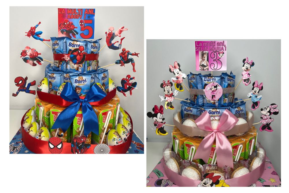 Tort din dulciuri ambalate, cu sucuri, Tedi, Barni, Kinder la alegere