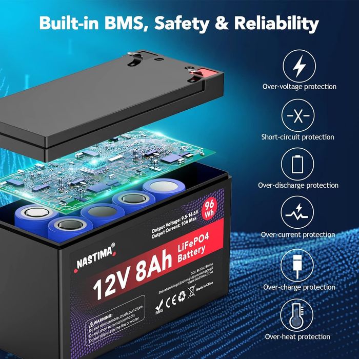 12V 8Ah LiFePO4 Акумулаторна батерия с вграден BMS и голям цикъл 4000+