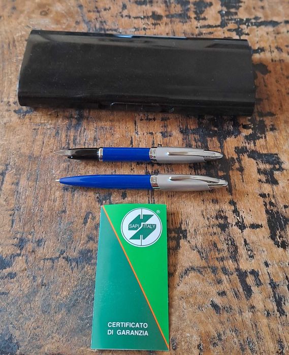 писалка и химикалка Сапи Sapi комплект сребро със синьо Италия в кутия
