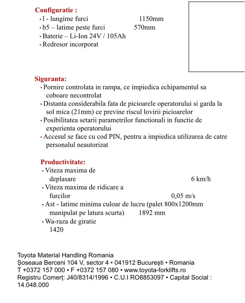 Transpaleta electrica Toyota bt,Li-Ion, an 2019, pana la 1400kg