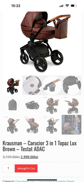 Cărucior Krausman 3 în 1 + pătuț bebeluș
