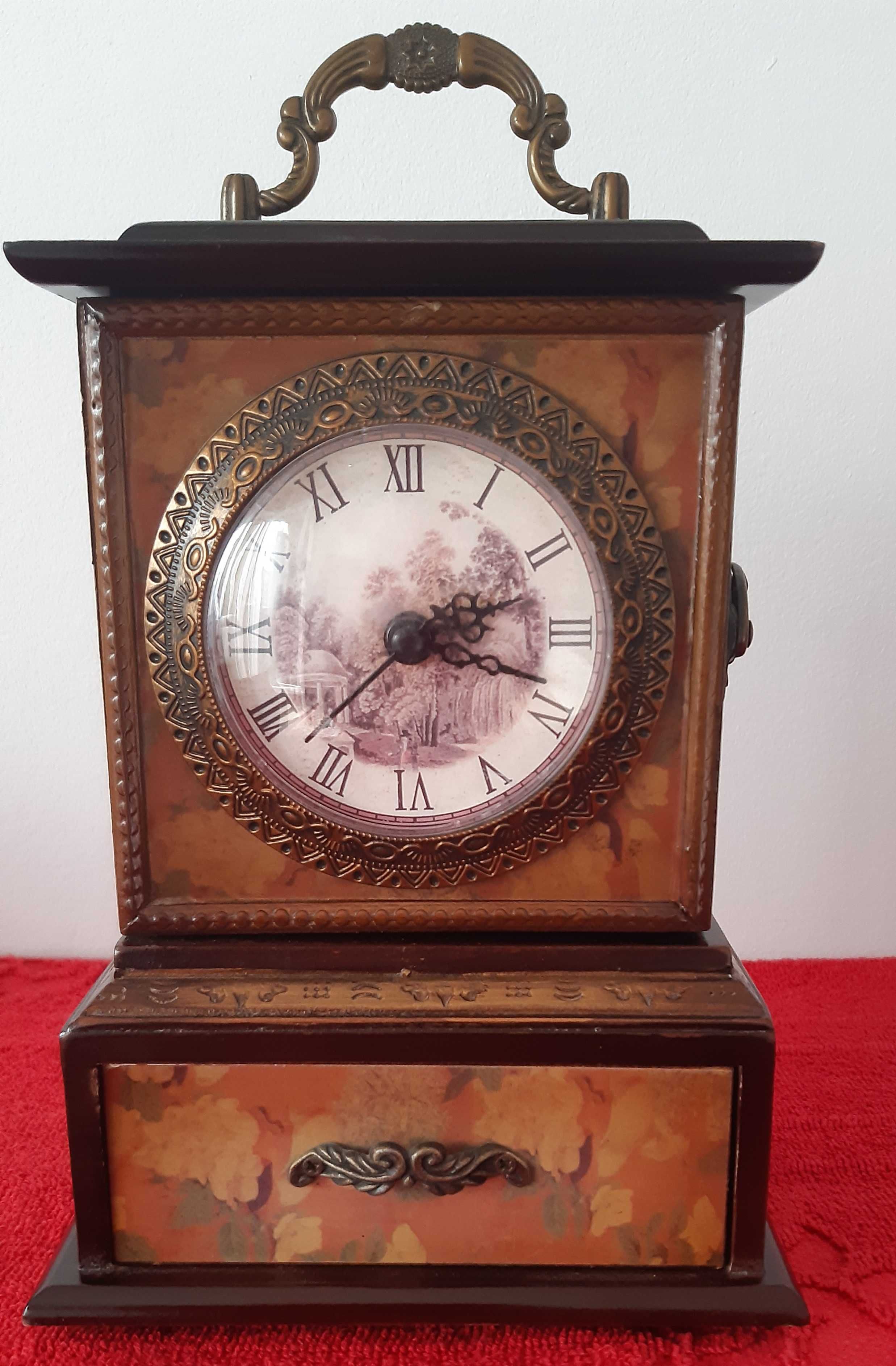Vand Ceas de masa din lemn, metal si dotat cu sertar - Design Vintage