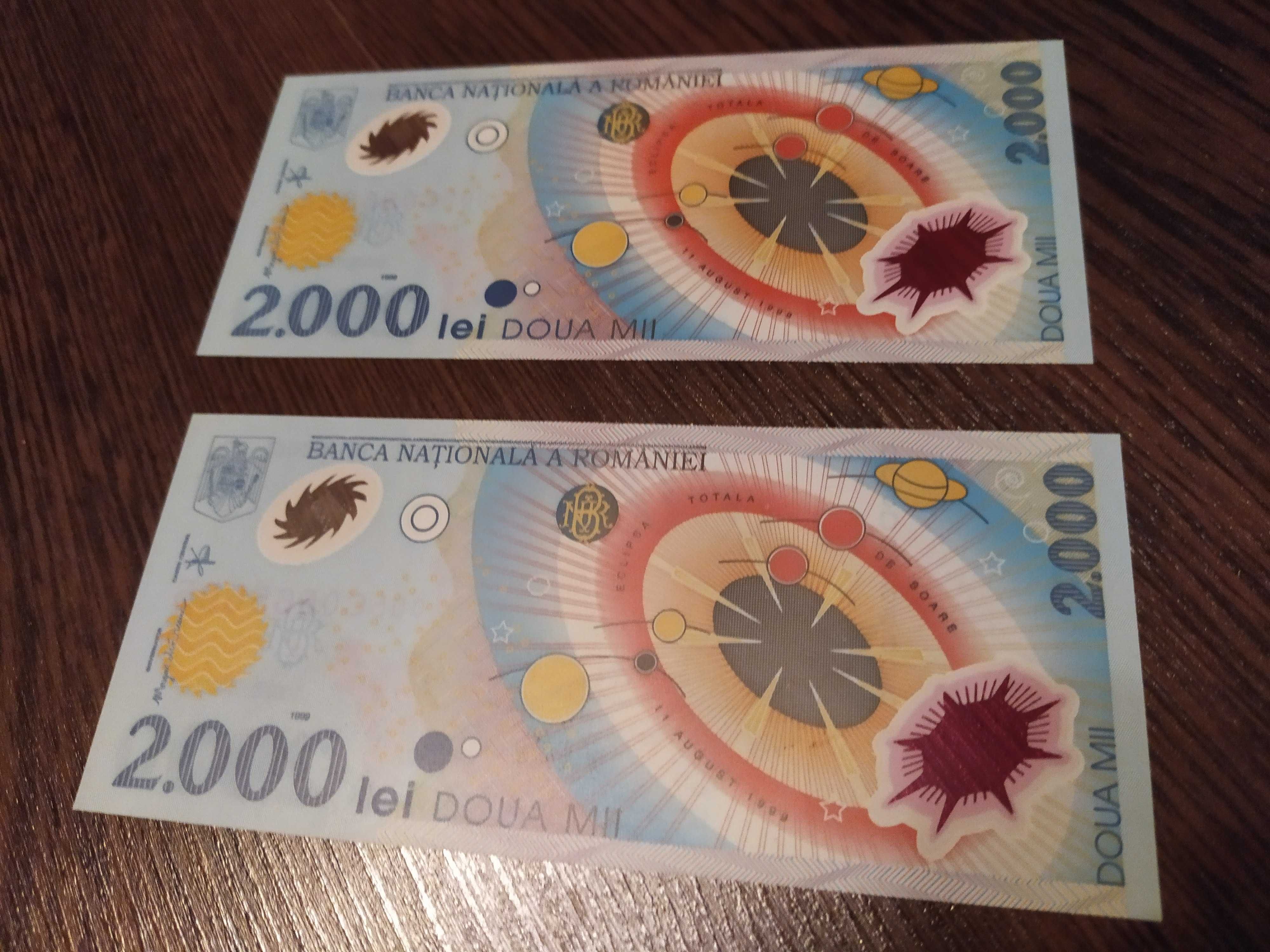 2 Bacnote Necirculate 2000 Lei Eclipsa totala de soare 1999