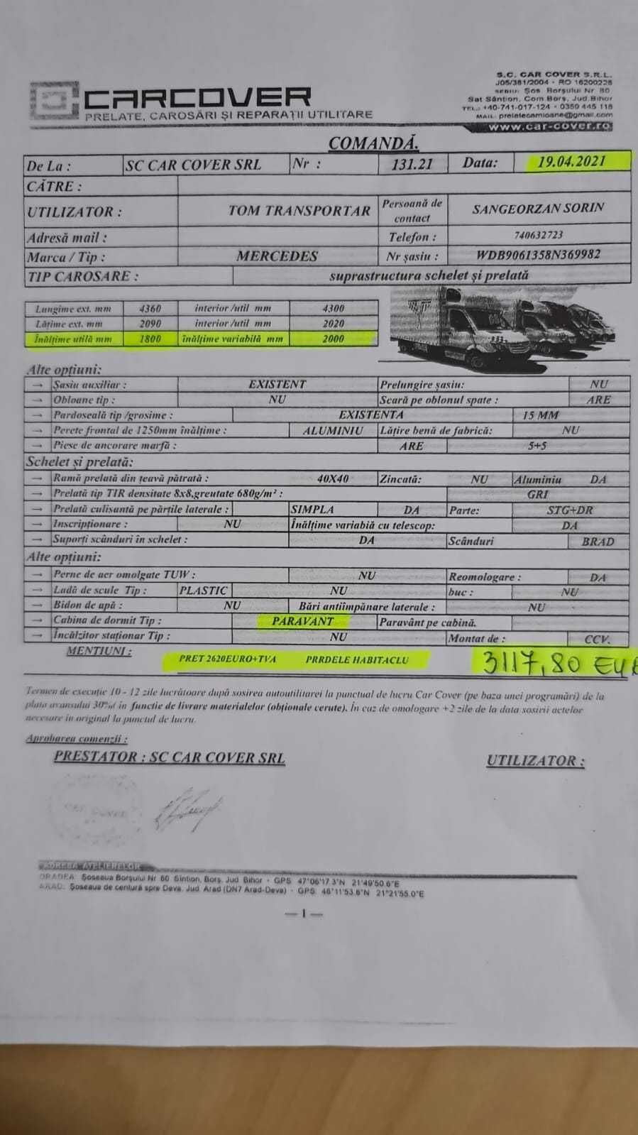 Autoutilitară MERCEDES SPRINTER 315 CDI, carosată cu prelată