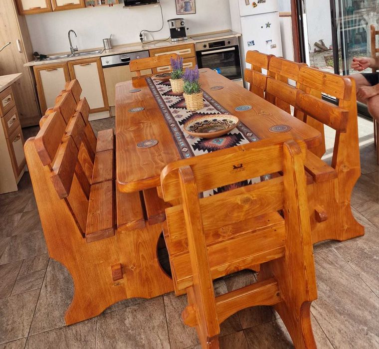 Masa cu scaune si banci din lemn pentru gradina, terasa, foisor