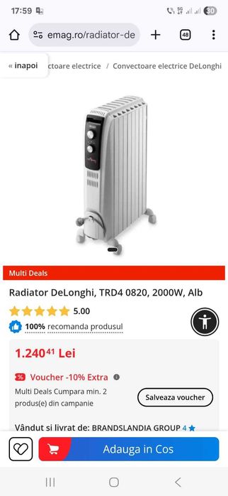 Radiator.Calorifer pe ulei DeLonghi, TRD4 0820, 2000W, Alb