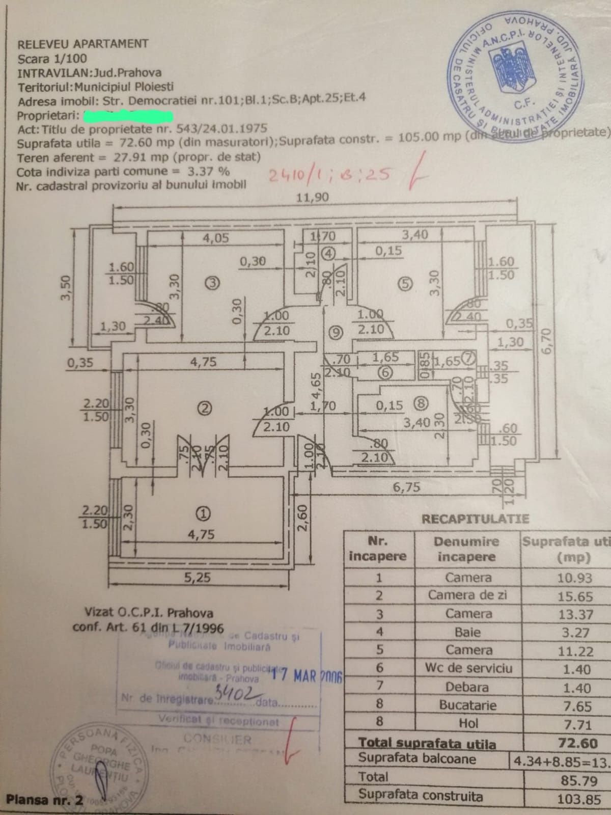 Vand apartament 4 camere str Democratiei Ploiești SU 86 mp