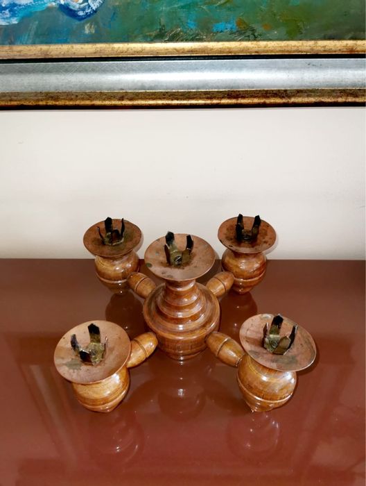 Антикварен дървен свещник за 5 свещи в стил Брутализъм ръчно изработен