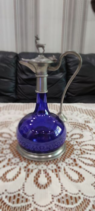 Уникална Старинна Гарафа Кана Декантер Кобалтово Стъкло