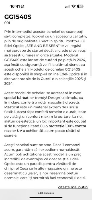 Ochelari soare barbati Gucci GG1540S 001 Black + toc original inclus
