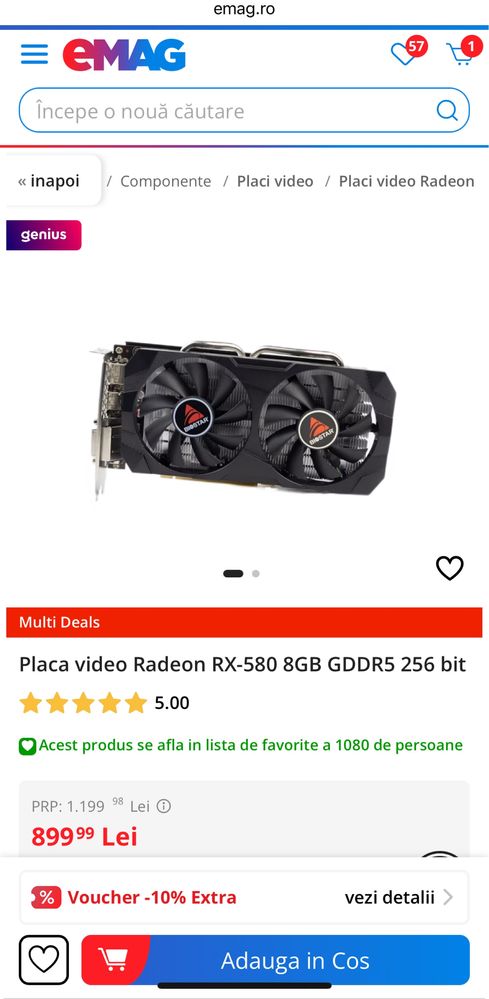 Placa video Radeon RX-580 8GB GDDR5 256 bit