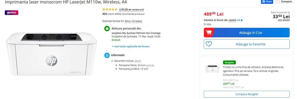 Vand Imprimanta laser monocrom HP LaserJet M110w, Wireless, A4