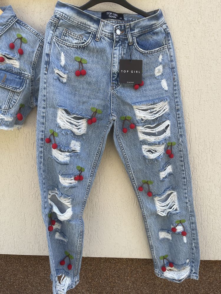 Set Denim - Jachetă scurtă + Blugi cu cireșe 3D