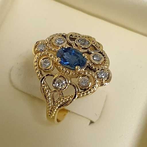 superb inel art-deco aur 14k cu safir si diamante naturale