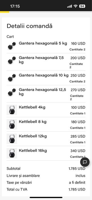 Pachet TechnoGym KETTLEBELL /Gantera Hexagonala 12 buc