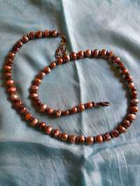 Colier margele perle de cultura, vintage maro cu ornamente bronz, 52cm