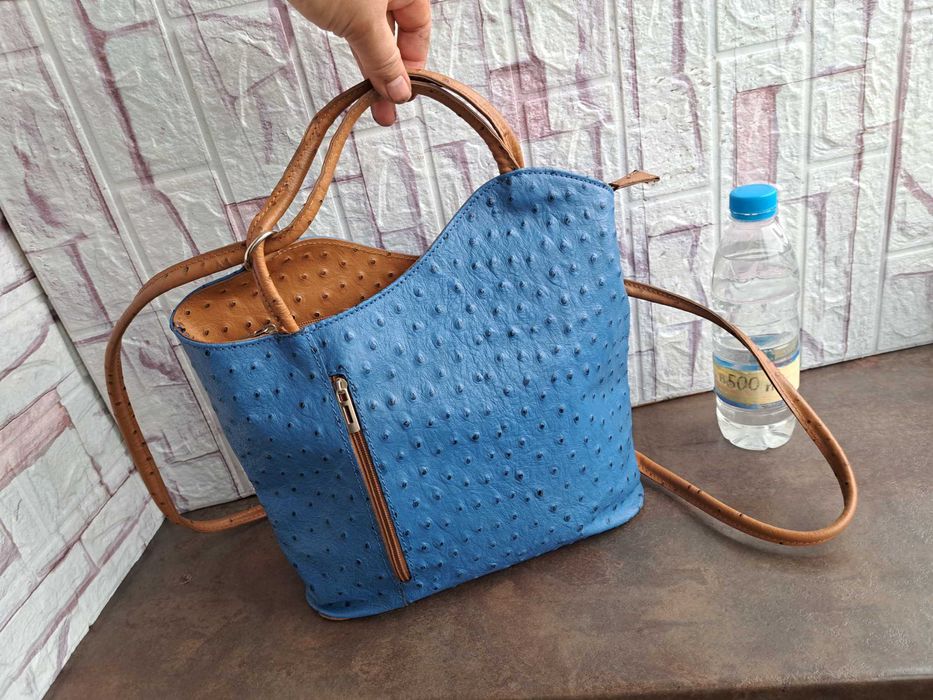 дамска чанта,раница,синя,кожена-естествена кожа