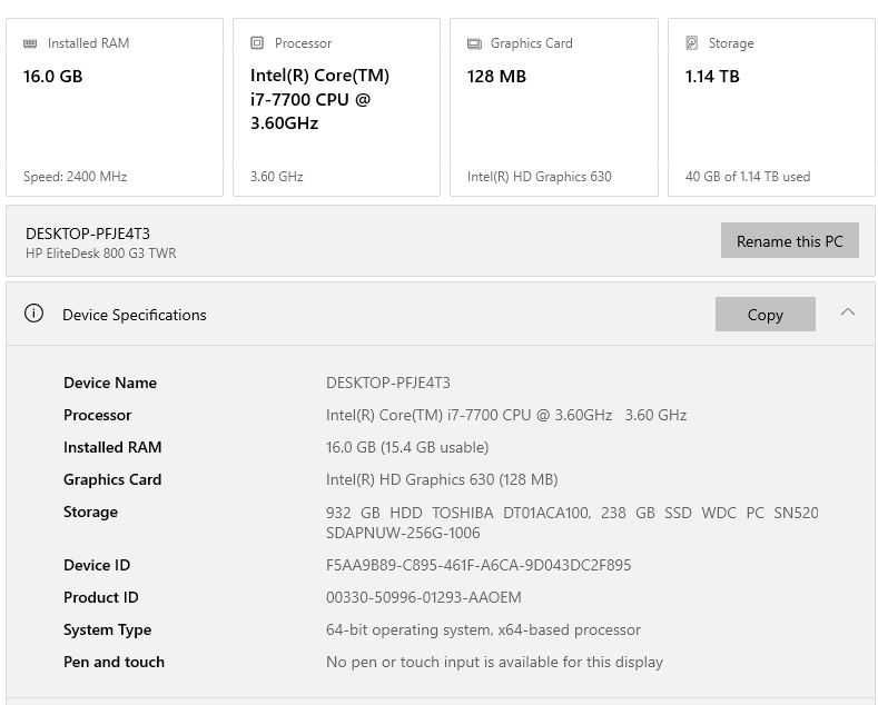Vand HP EliteDesk 800G3, i7, 16GB, 256GB SSD+1TB HDD