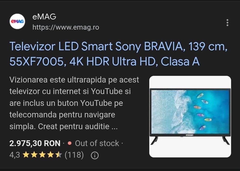Televizor Sony BRAVIA, 139 cm, 4K