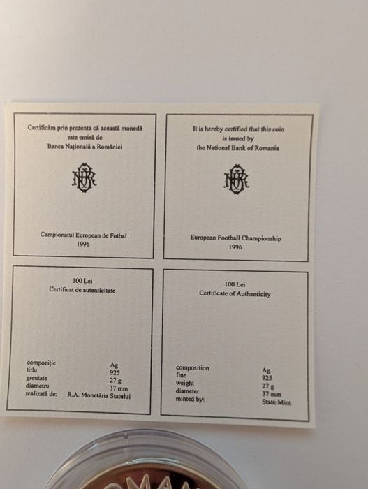 Moneda argint 100 Lei Campionatul European de Fotbal 1996 BNR