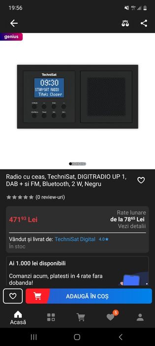 Radio cu ceas, TechniSat, DIGITRADIO UP 1, DAB + si FM, Bluetooth, 2 W