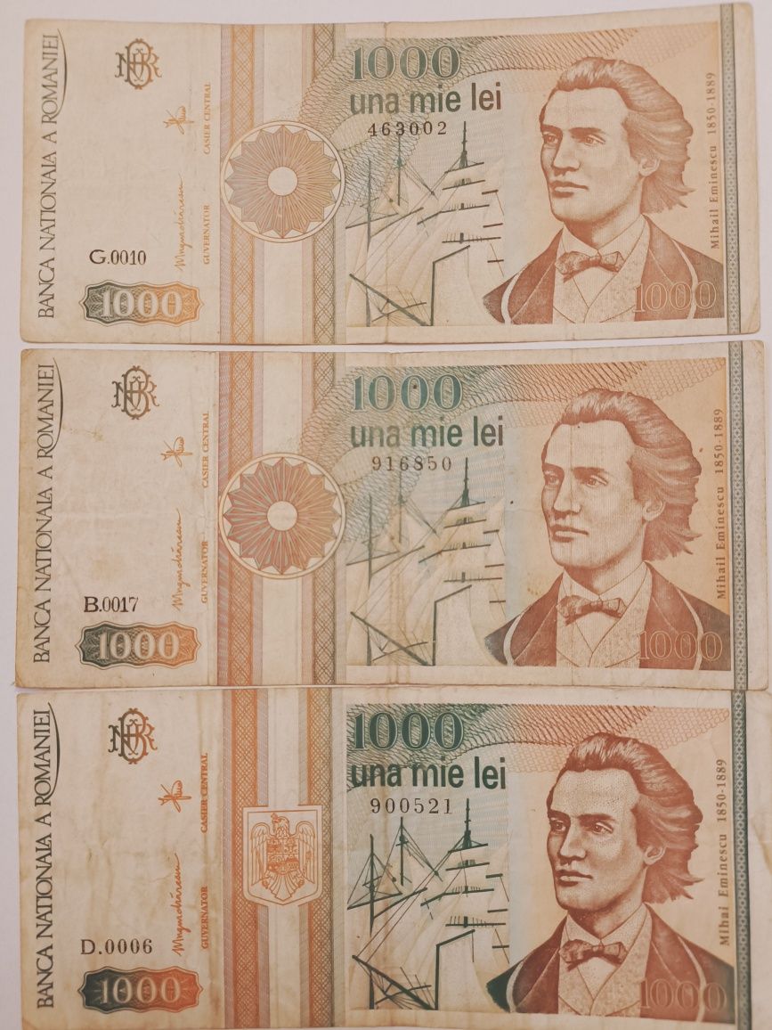 Vând trei bancnote 1000 lei Eminescu
