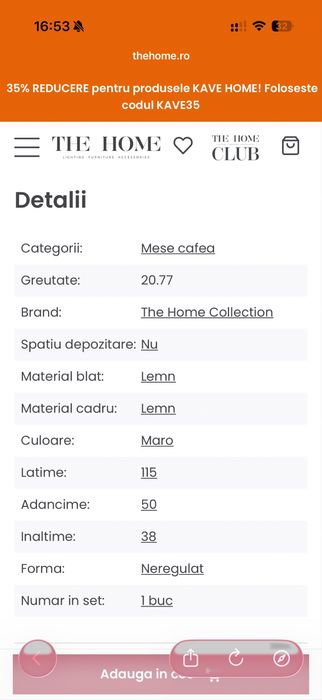Masa cafea The Home lemn
