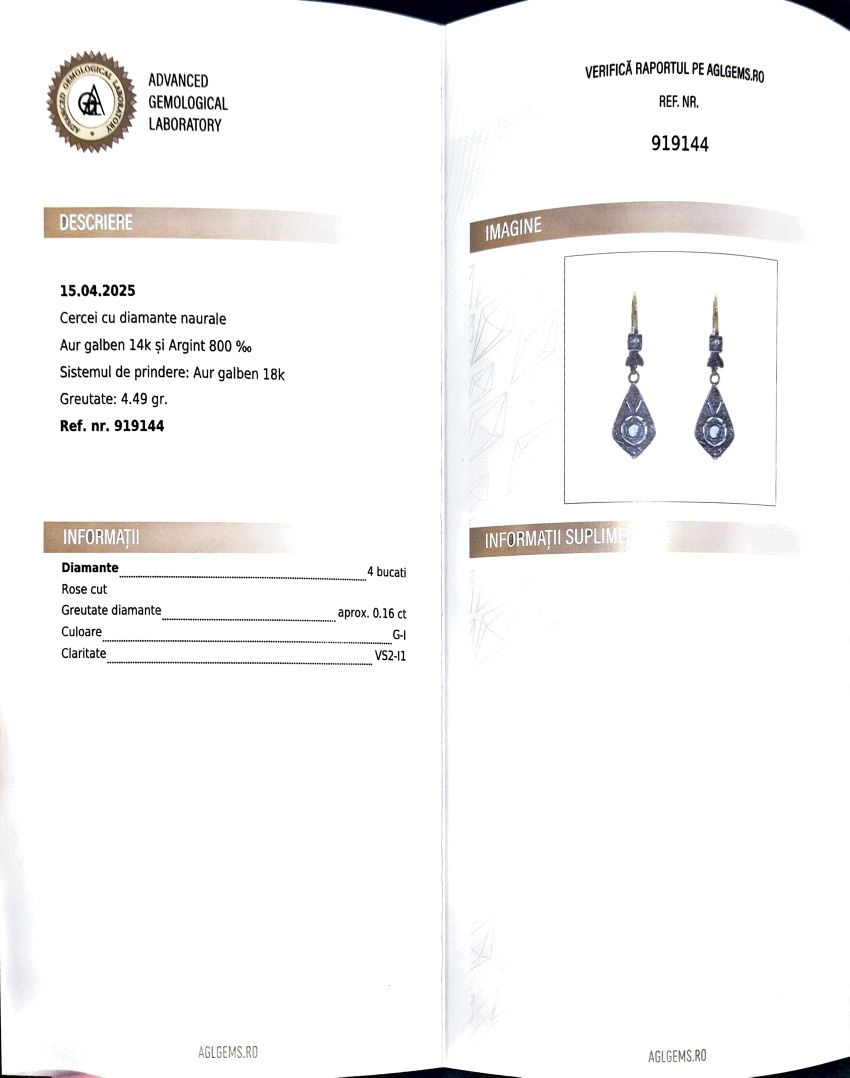 Cercei vechi autentici din aur de 18K si diamante naturale