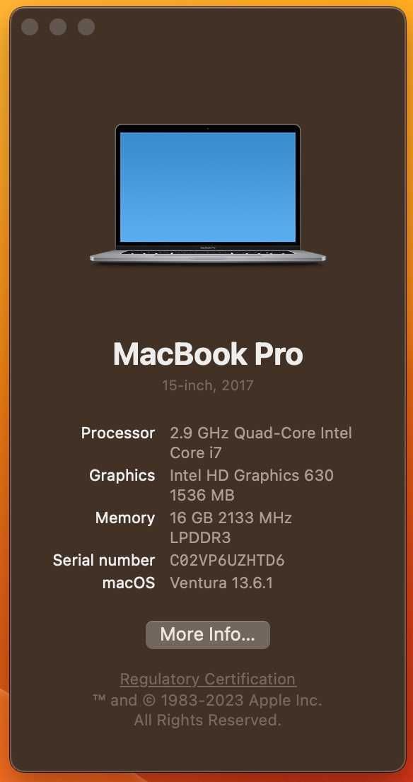 15" MacBook Pro 2017 2.9 i7 16GB RAM 512GB SSD