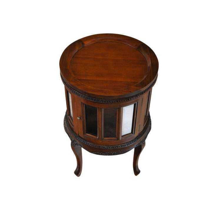 Măsuță rotunda tip bar din mahon cu vitrină, D. 39 cm