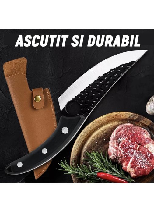 Cutit Japonez, Forjat Manual, Otel Inoxidabil, 27,5 cm, husa din piele